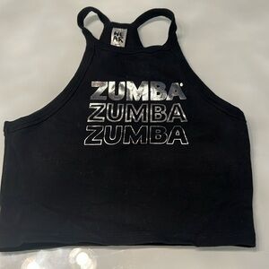 Small black zumba crop top with silver letters